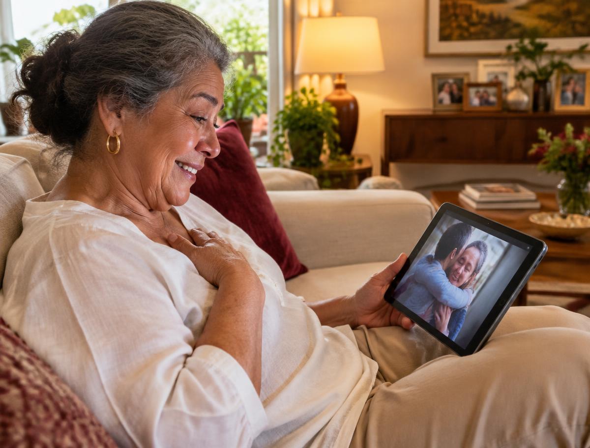Mulher madura assistindo a uma novela no tablet
